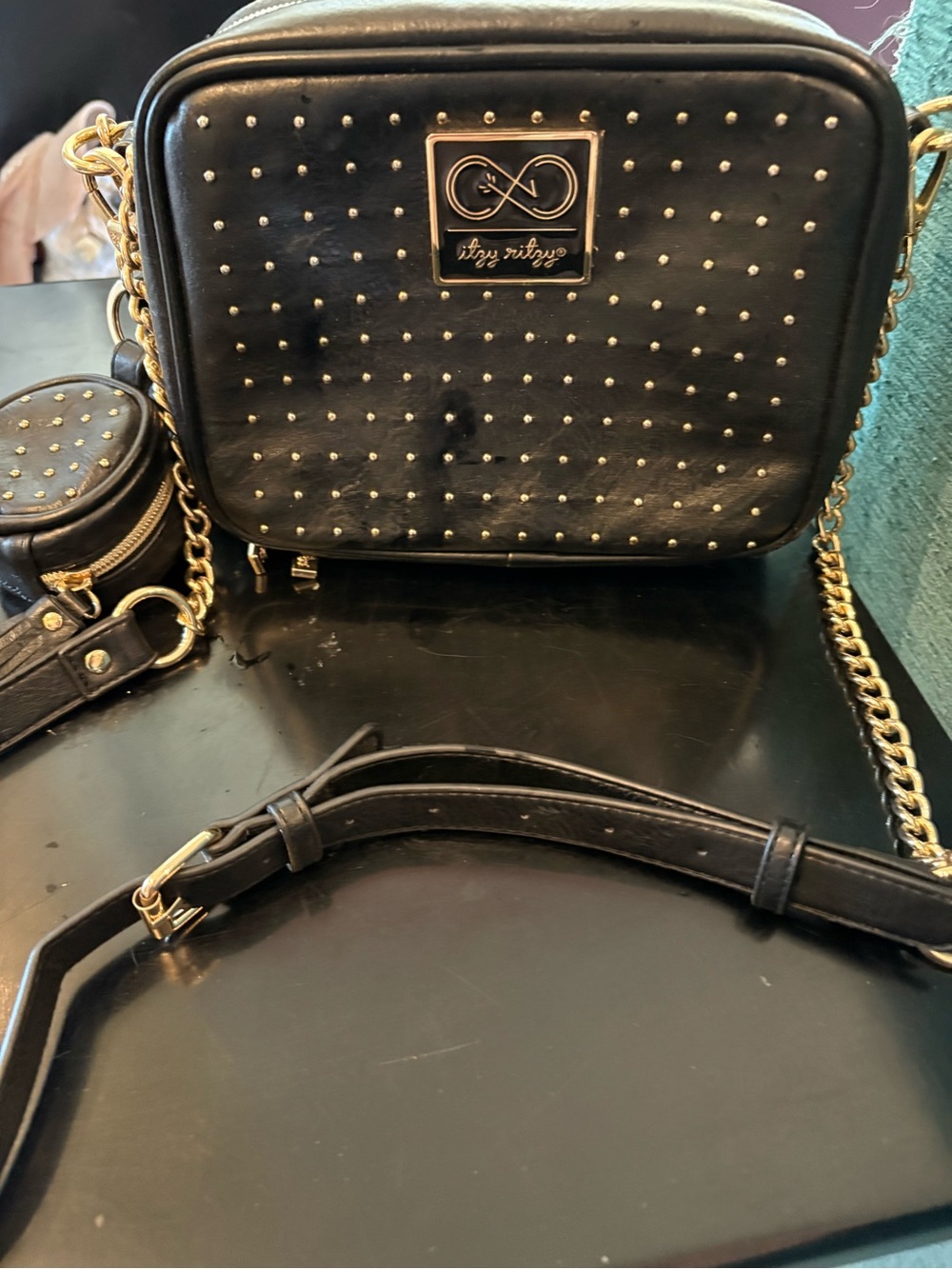 Itzy Ritzy Black Studded Crossbody Diaper Bag with Detachable Coin Pouch - Picture 2 of 14